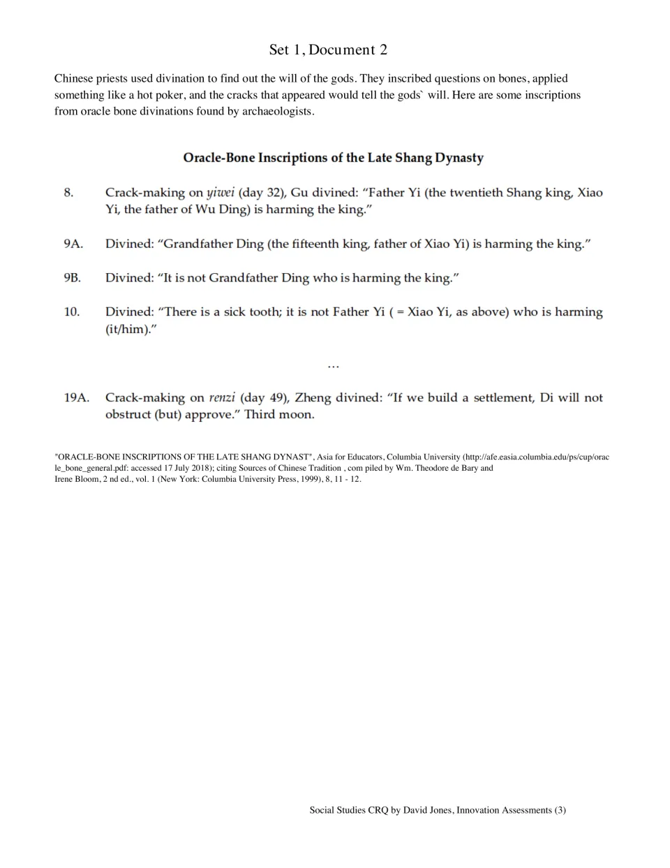 Set 1, Document 2: Shang oracle-bone inscriptions about ancestors, the king's health, and a settlement