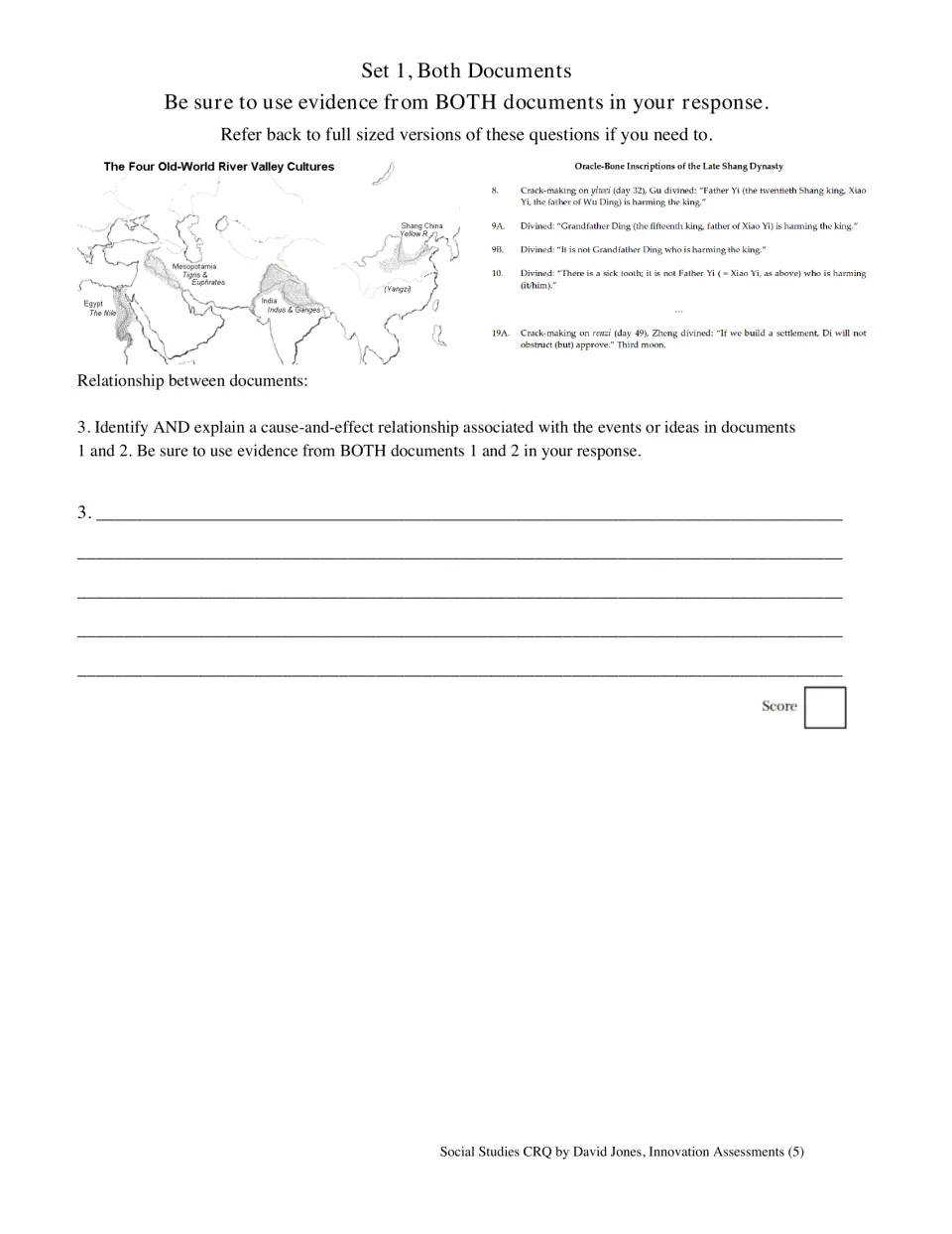 Set 1 final question asks for a cause-and-effect relationship using the river valley map and oracle-bone text