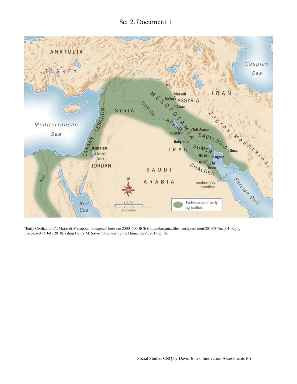 Set 2, Document 1: map of Mesopotamian capitals, the Tigris and Euphrates, and fertile agricultural areas