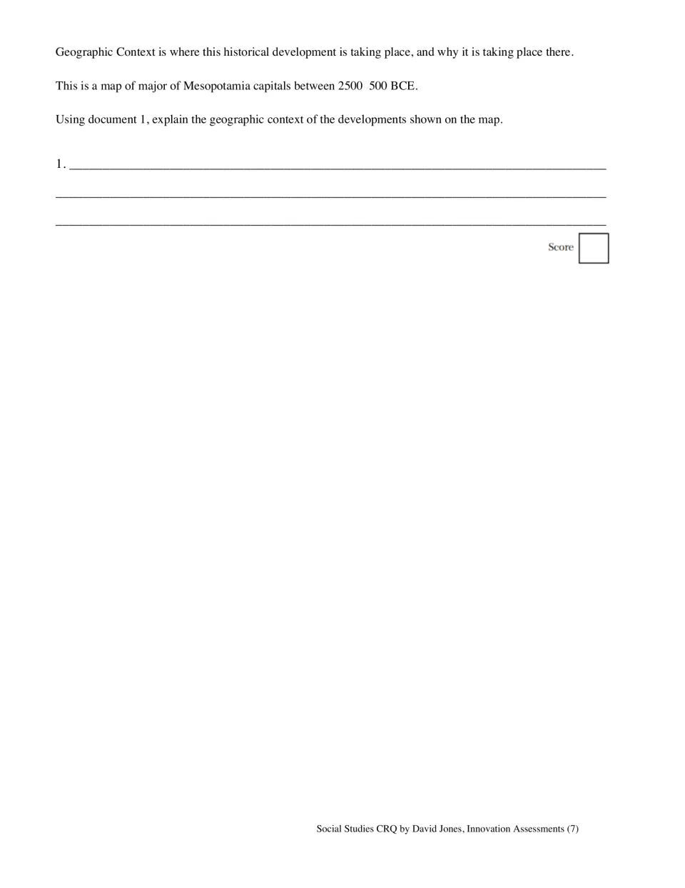 Set 2 map question asks students to explain the geographic context of Mesopotamian capitals, 2500–500 BCE