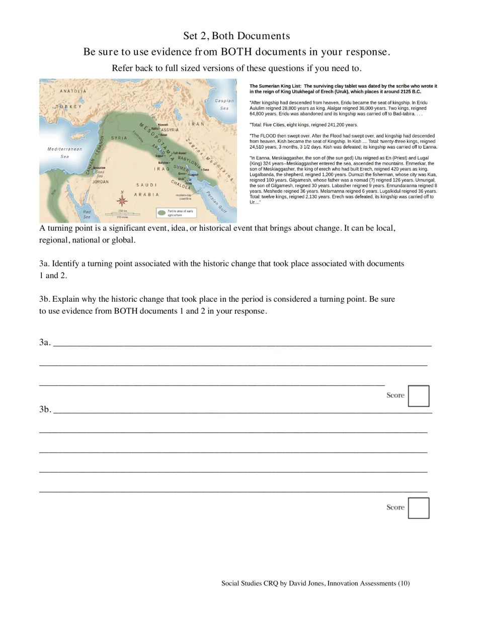 Set 2 final questions ask students to identify and explain a turning point using the map and Sumerian King List