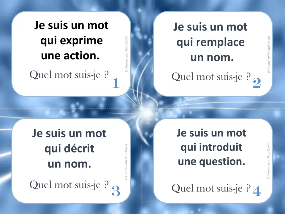 French grammar riddle task cards 1-4: students name the word type that shows an action, replaces or describes a noun