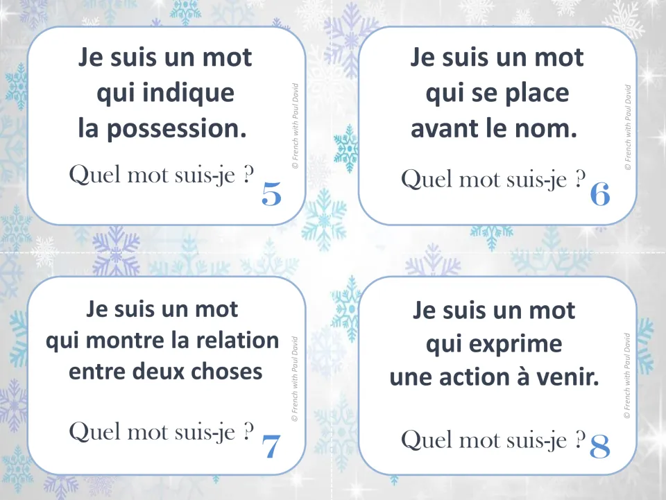 Grammar riddle cards 5-8: students identify words showing possession, going before a noun, linking or future action