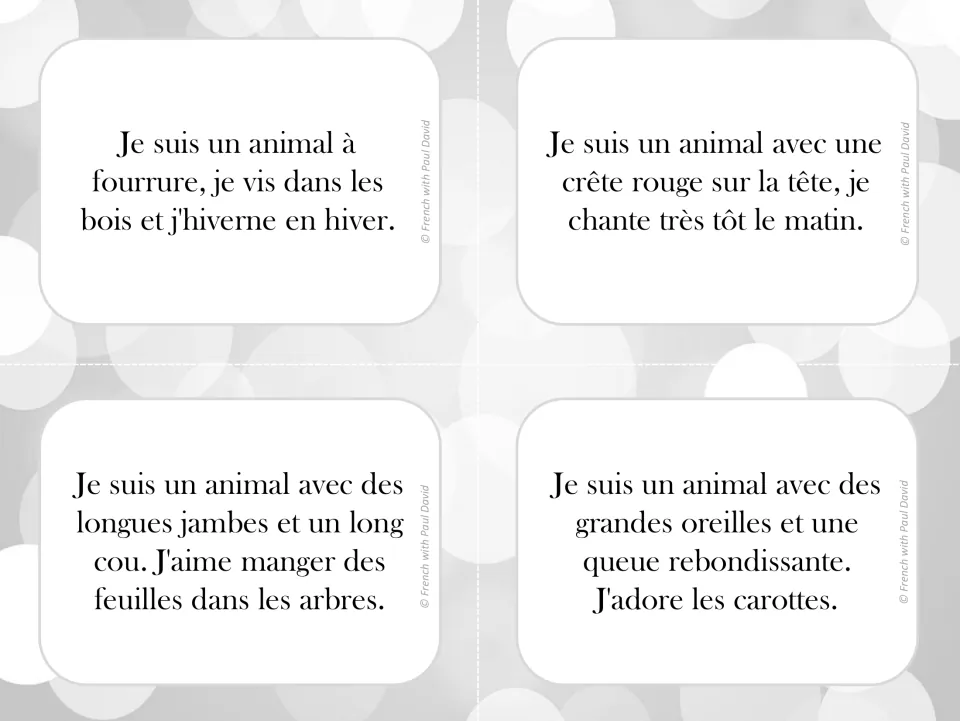 French animal riddle cards: students read clues about a bear, rooster, giraffe and rabbit and identify each animal