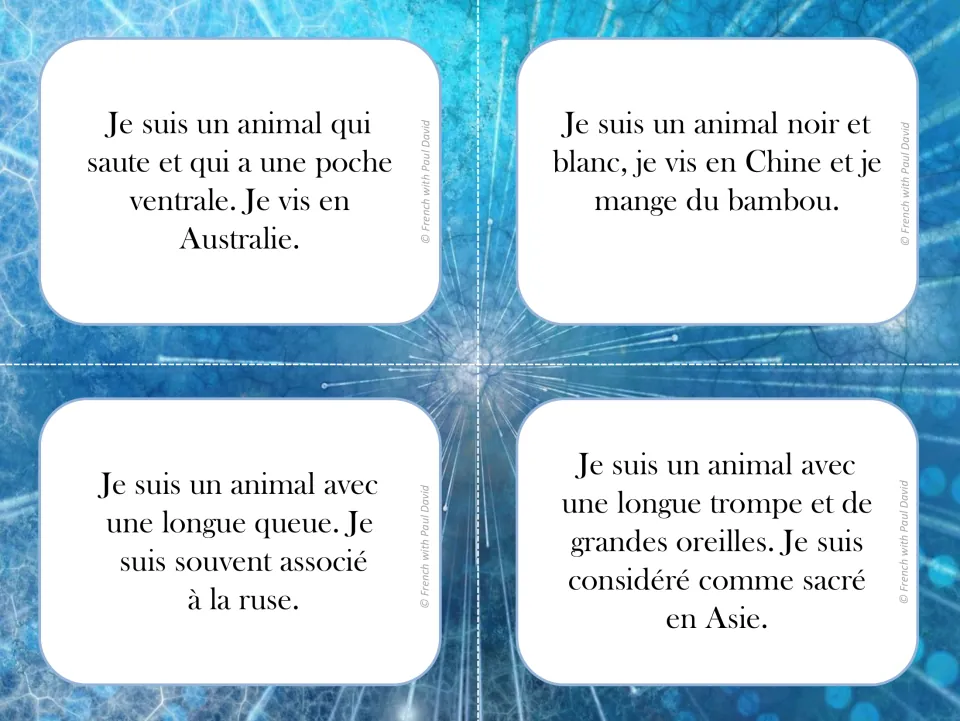 French animal riddle cards: students read clues about a kangaroo, panda, fox and elephant to name each animal
