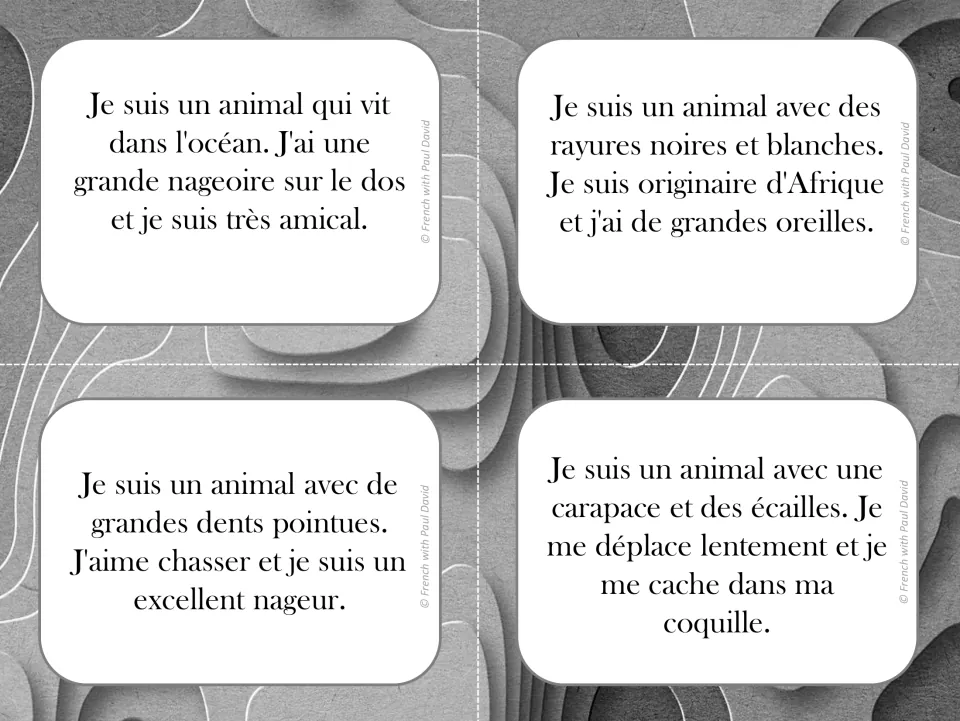 French animal riddle cards: students read clues about a dolphin, zebra, shark and turtle and decide who is described