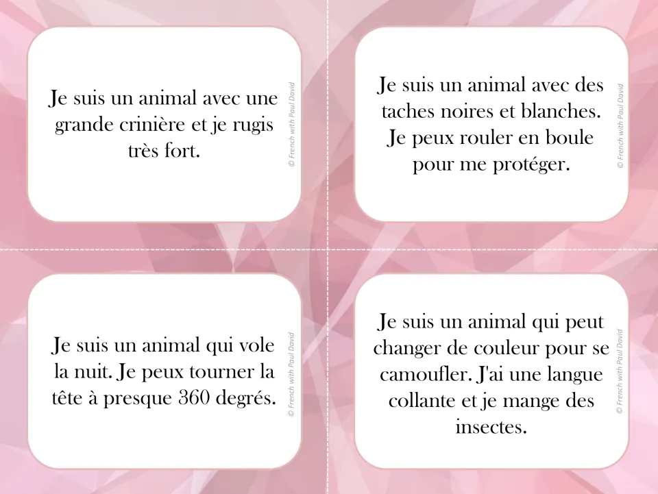 French animal riddle cards: students read clues about a lion, hedgehog, owl and chameleon and say which animal fits