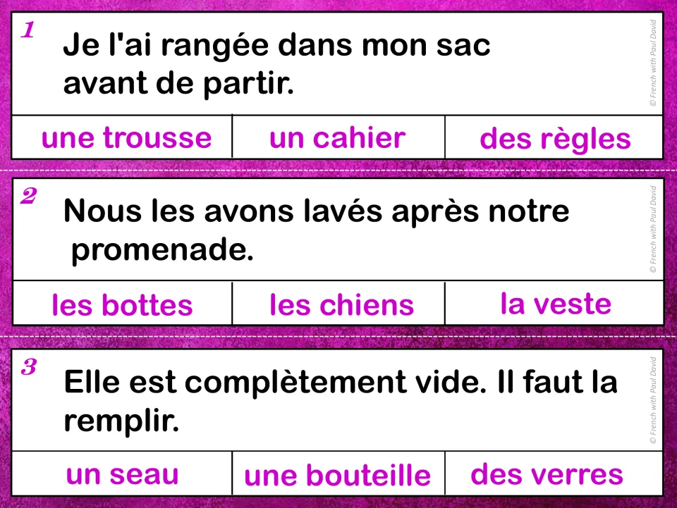French grammar cards 1–3: sentence clues about packing a bag, washing after a walk, and filling a bottle.