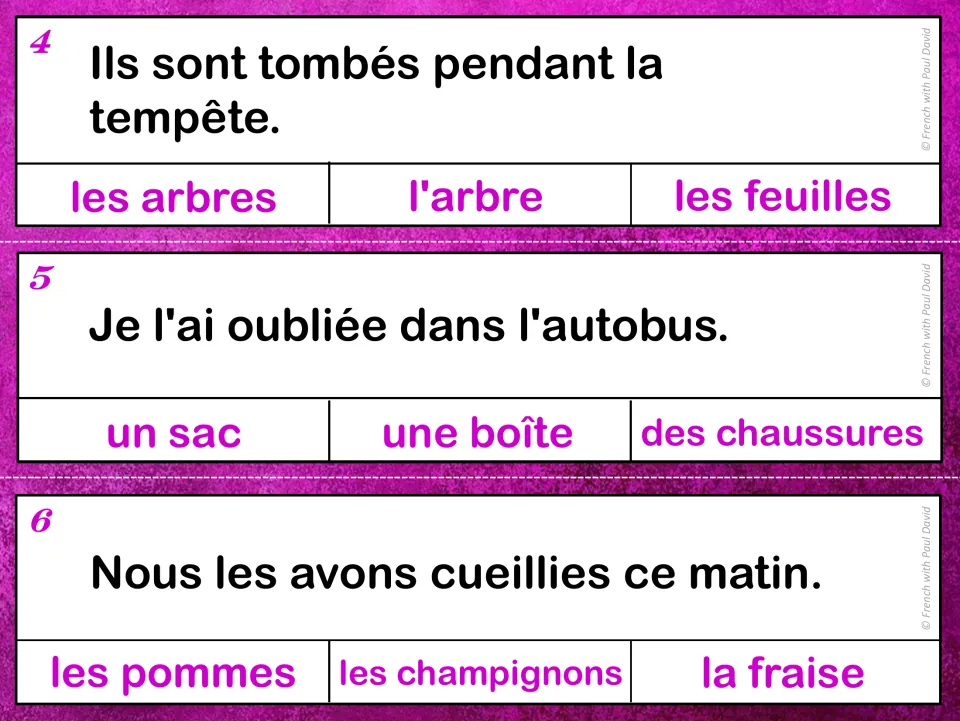 French grammar cards 4–6: sentence clues about falling during a storm, a forgotten box, and picked apples.
