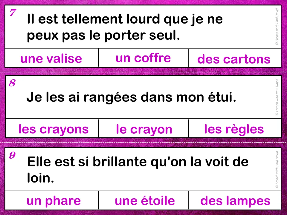 French grammar cards 7–9: sentence clues about a heavy chest, rulers put in a case, and a bright star.