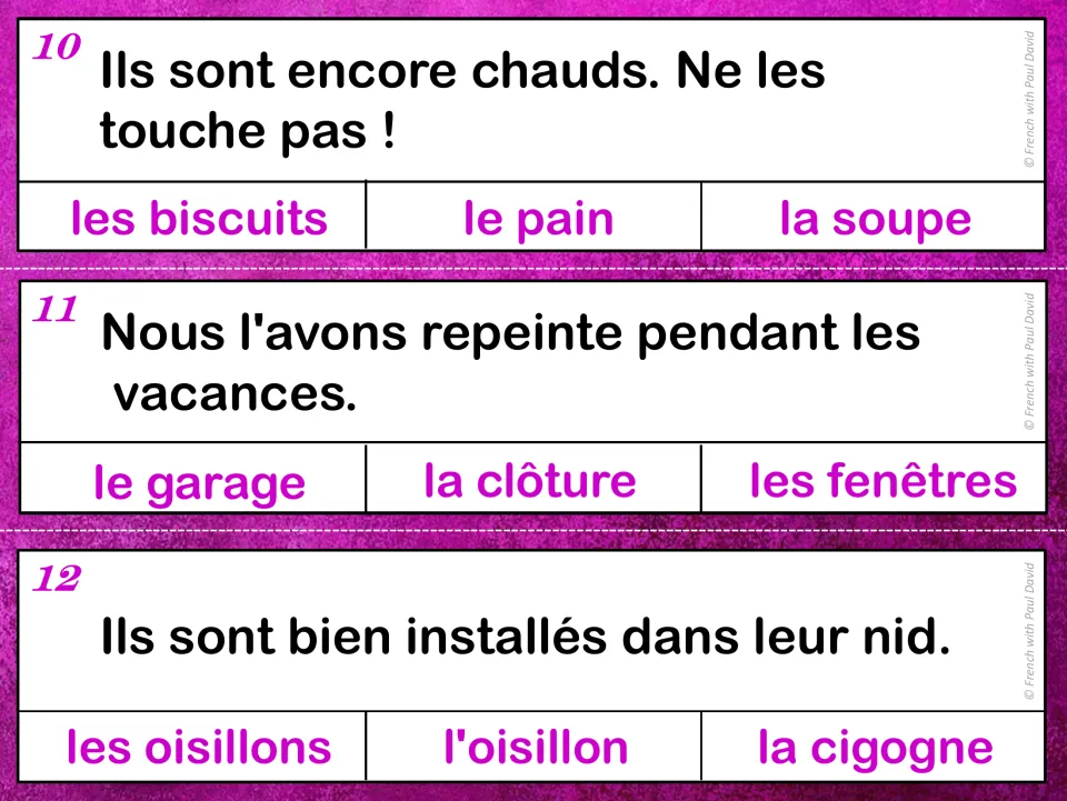 French grammar cards 10–12: sentence clues about hot cookies, a repainted fence, and birds in their nest.