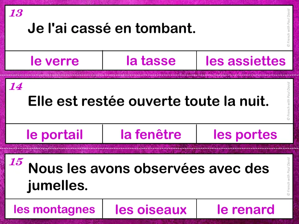French grammar cards 13–15: sentence clues about a broken glass, an open window, and viewing mountains.