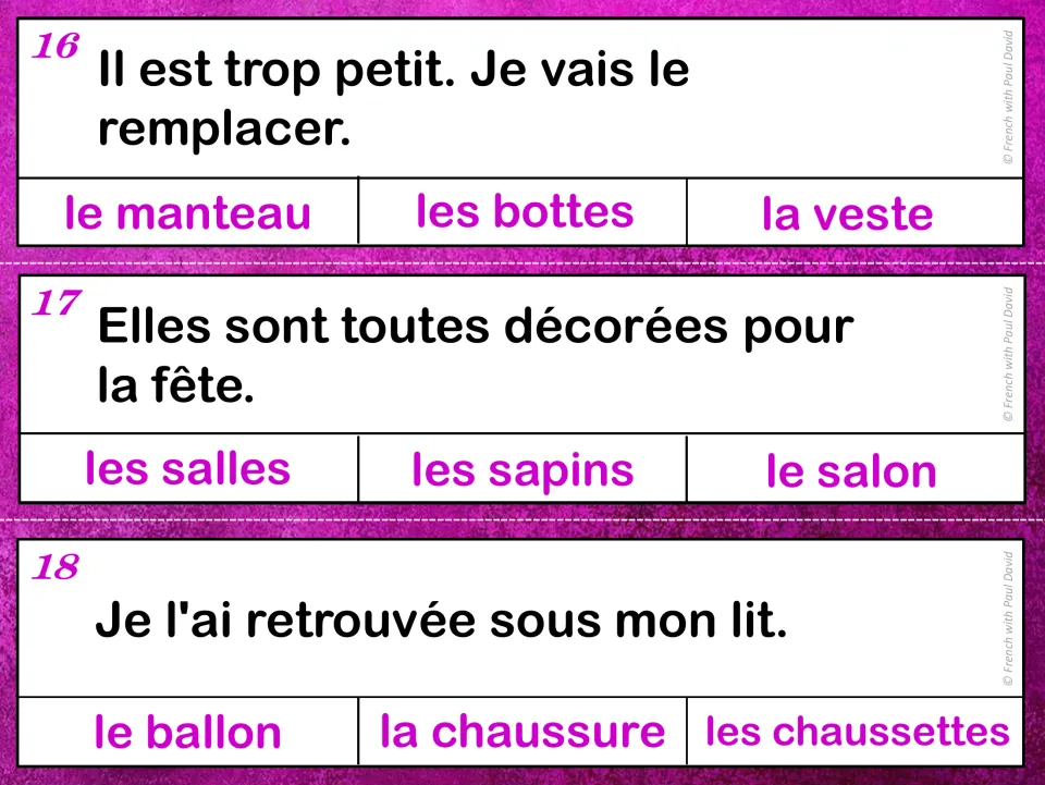 French grammar cards 16–18: sentence clues about a small coat, decorated rooms, and a shoe under a bed.