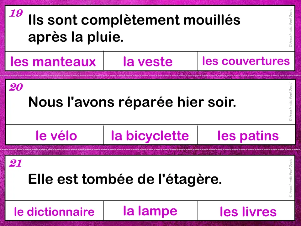 French grammar cards 19–21: sentence clues about wet coats, a repaired bicycle, and a lamp falling.