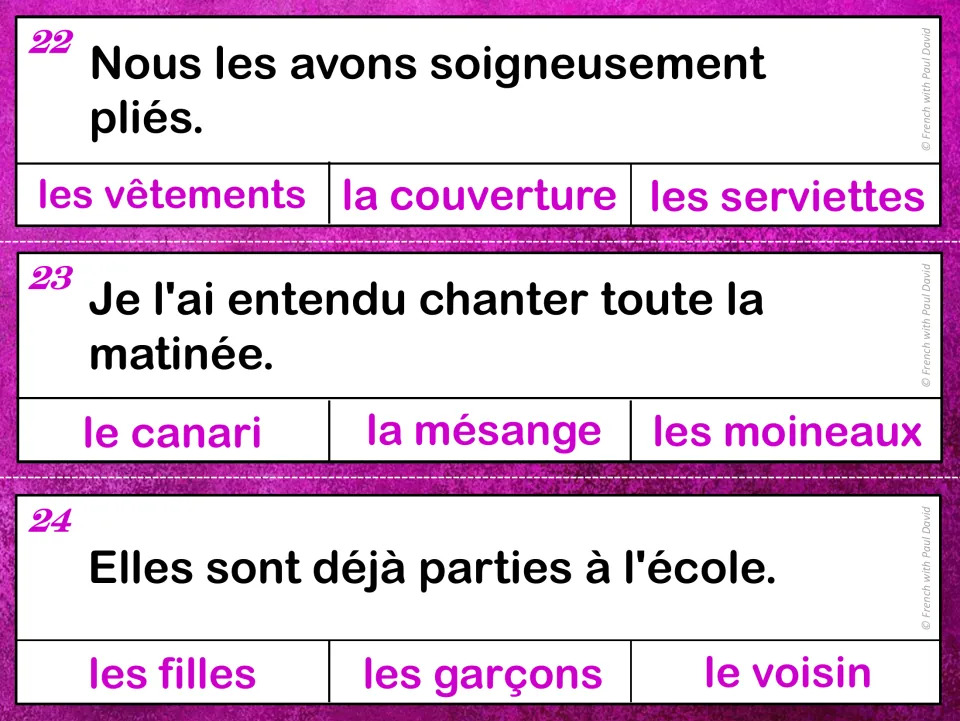 French grammar cards 22–24: sentence clues about folded clothes, a singing canary, and girls at school.