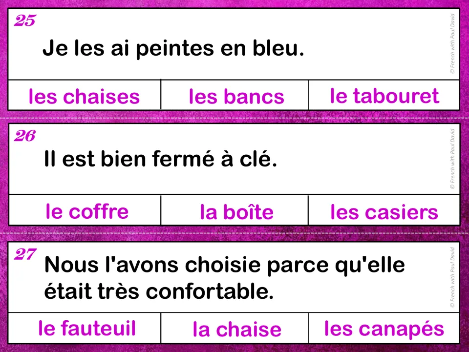 French grammar cards 25–27: sentence clues about blue chairs, a locked chest, and a comfortable chair.