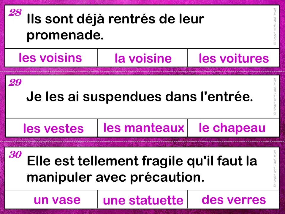French grammar cards 28–30: sentence clues about returning neighbors, hanging jackets, and a fragile figurine.