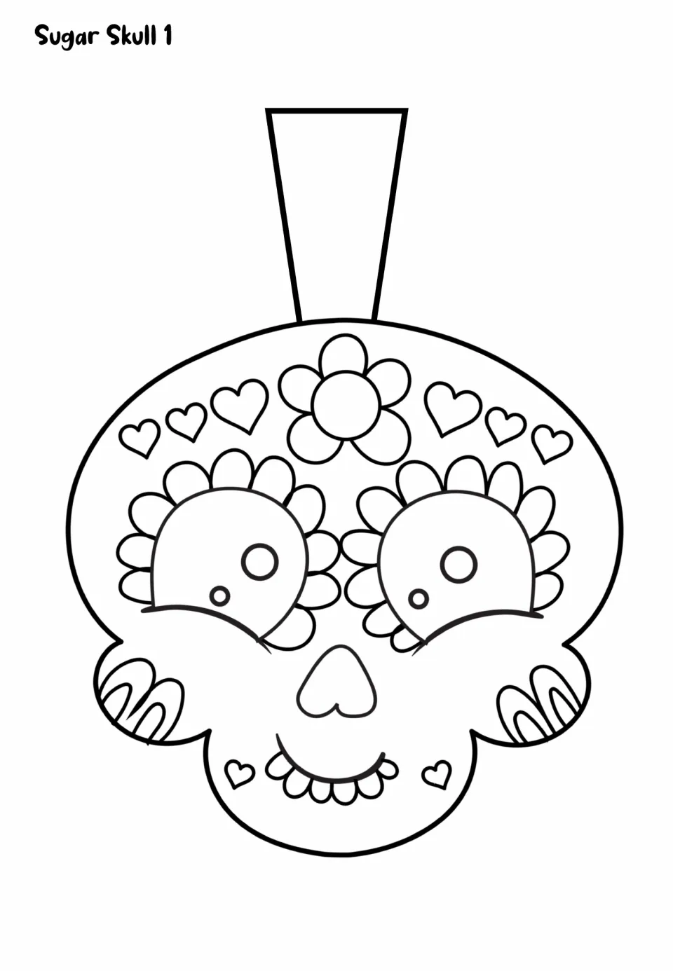 Sugar Skull 1 coloring template: smiling skull with flower eyes, hearts and a top flap for hanging on a string banner