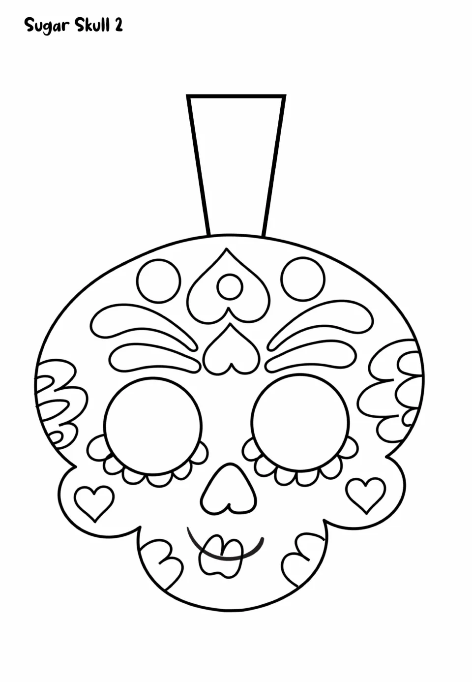 Sugar Skull 2 coloring template: skull with round eyes, scalloped lashes, swirls and hearts, plus a hanging flap