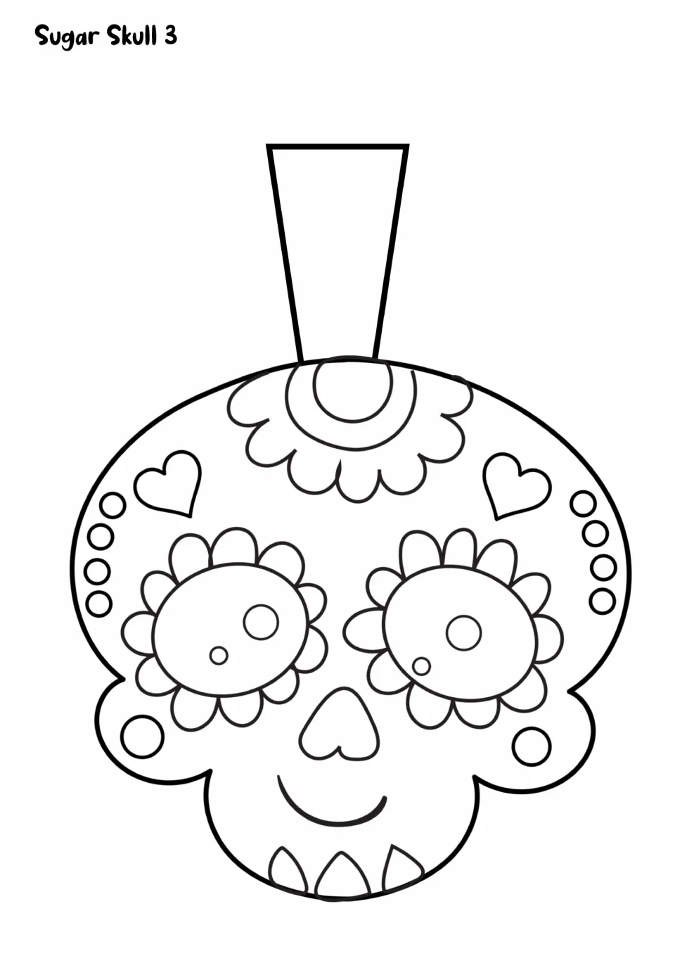 Sugar Skull 3 coloring template: skull with flower-ringed eyes, a scalloped crown, hearts and dots, and a hanging flap