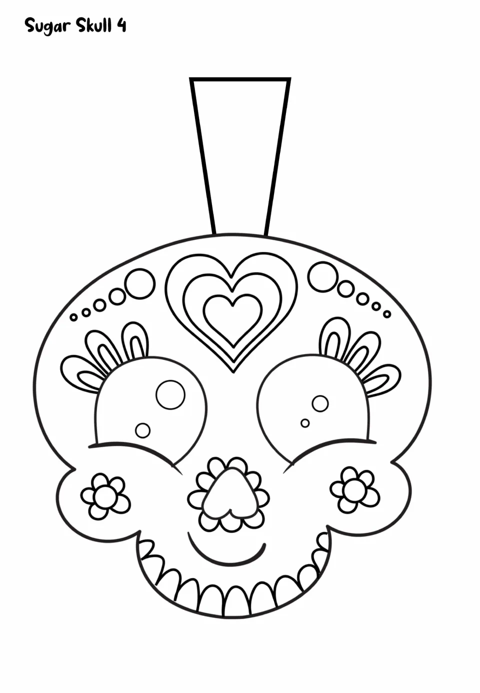 Sugar Skull 4 coloring template: skull with a nested heart on the forehead, flower cheeks and a toothy smile, with flap