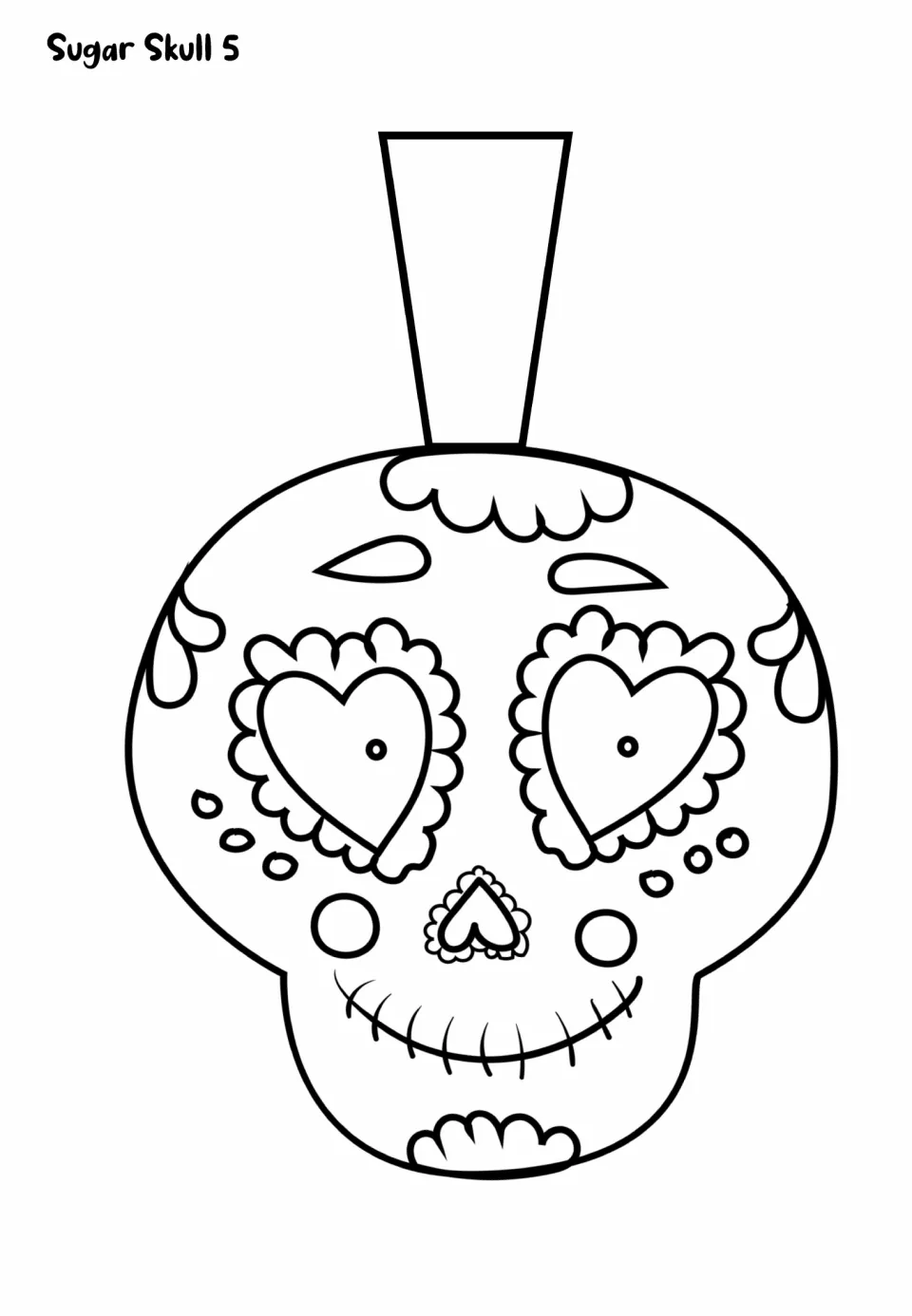 Sugar Skull 5 coloring template: skull with heart-shaped eyes in scalloped frames, a stitched smile and a hanging flap