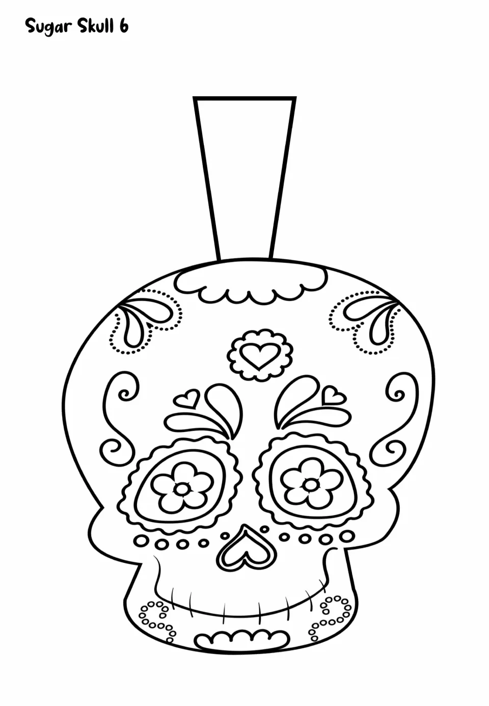Sugar Skull 6 coloring template: skull with flower eyes, paisley swirls, dotted trims and a heart nose, plus a flap