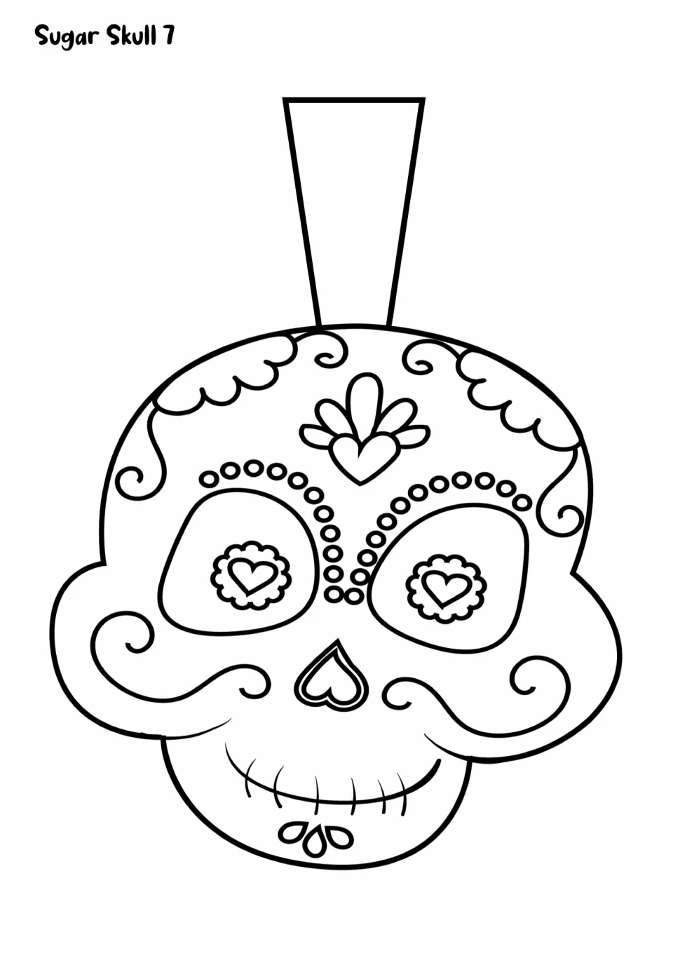 Sugar Skull 7 coloring template: skull with dotted brows, heart eyes, a curly mustache and a stitched smile, with flap