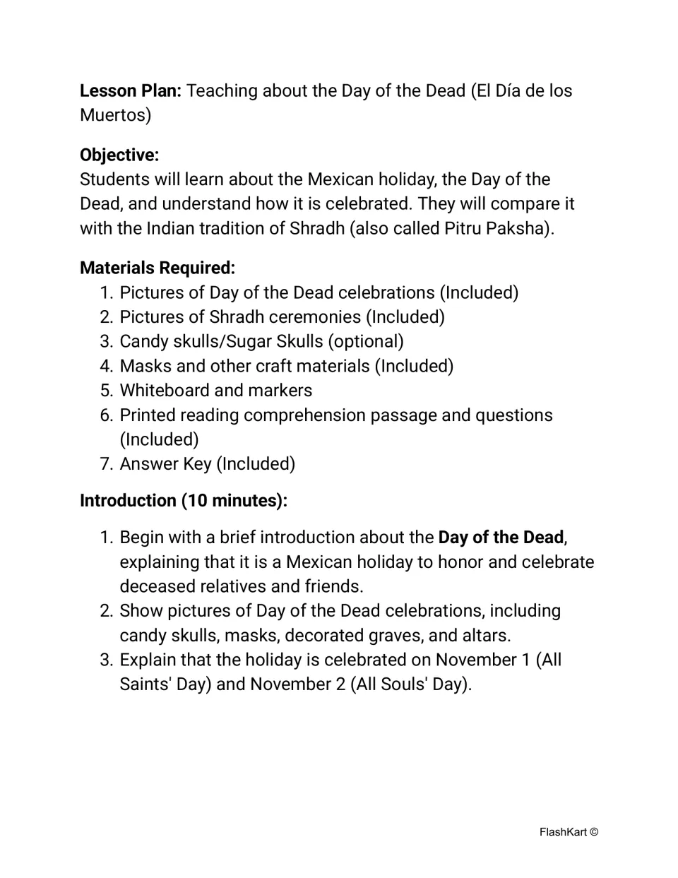 Day of the Dead lesson plan: objective comparing it with Shradh, a materials list and a 10-minute introduction with dates