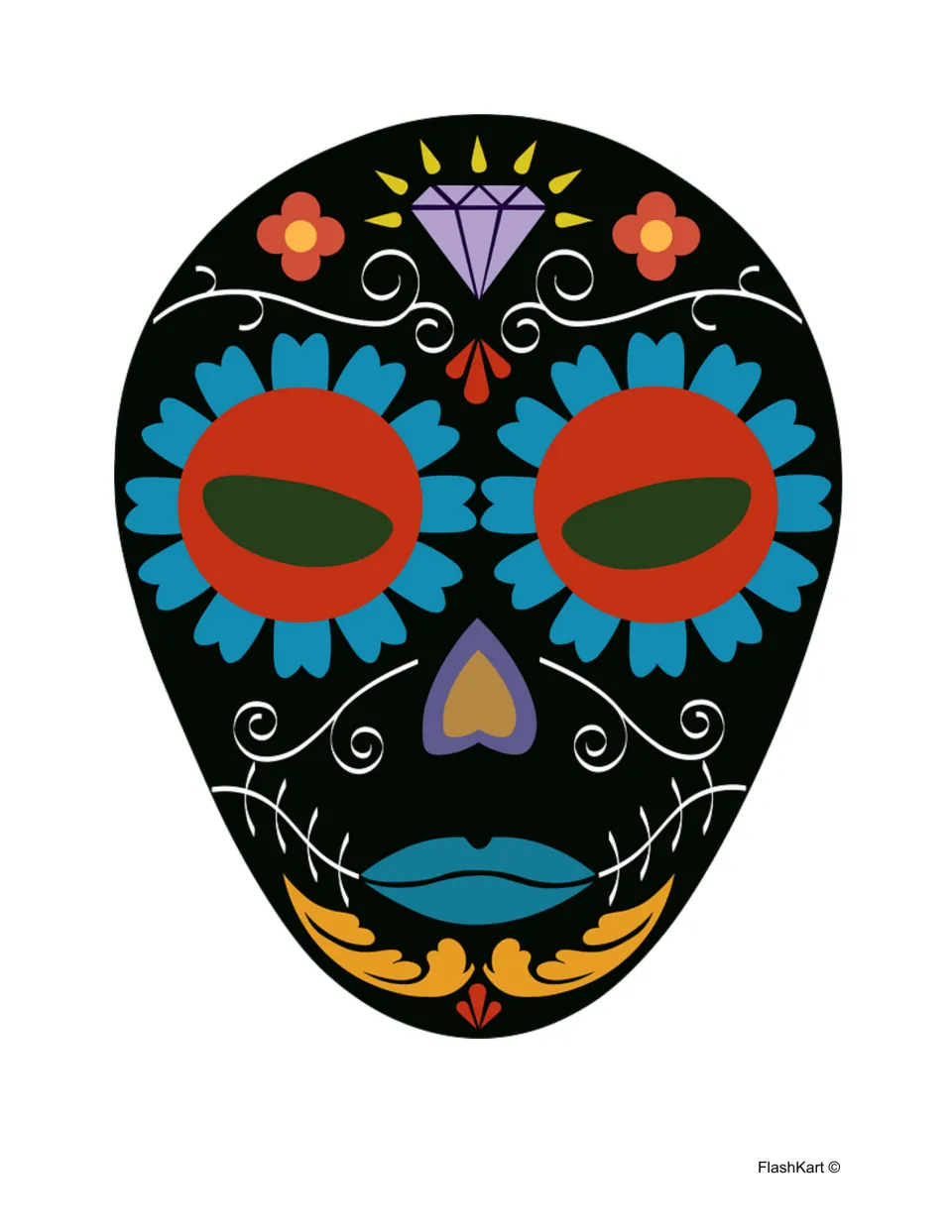 Black sugar skull mask to cut out, decorated with a purple diamond, blue flower petals around red eyes and teal lips