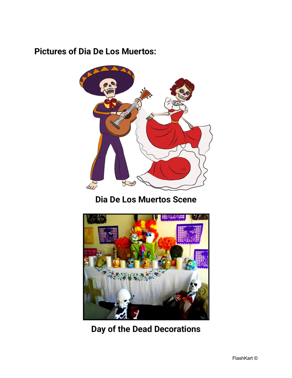Pictures of Dia de los Muertos: skeleton guitarist and dancer, and a photo of an altar with sugar skulls and candles
