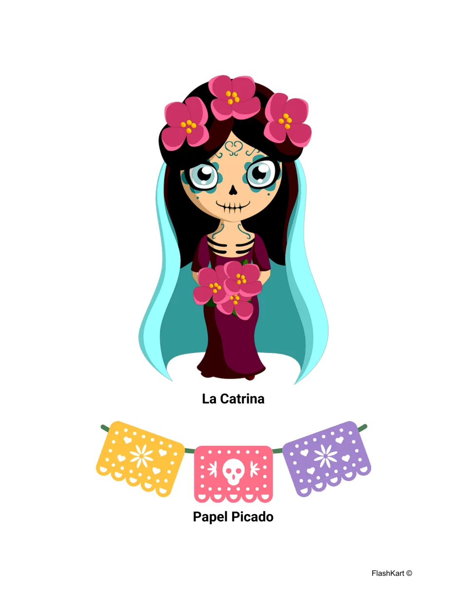 La Catrina illustration of a skeleton girl with pink flowers, plus a Papel Picado string of three cut-paper flags