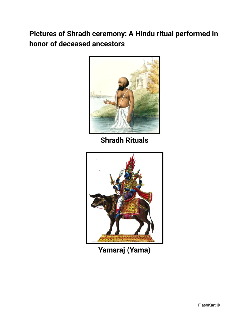 Pictures of the Shradh ceremony, a Hindu ritual honoring ancestors: a man standing in a river and Yamaraj riding a buffalo