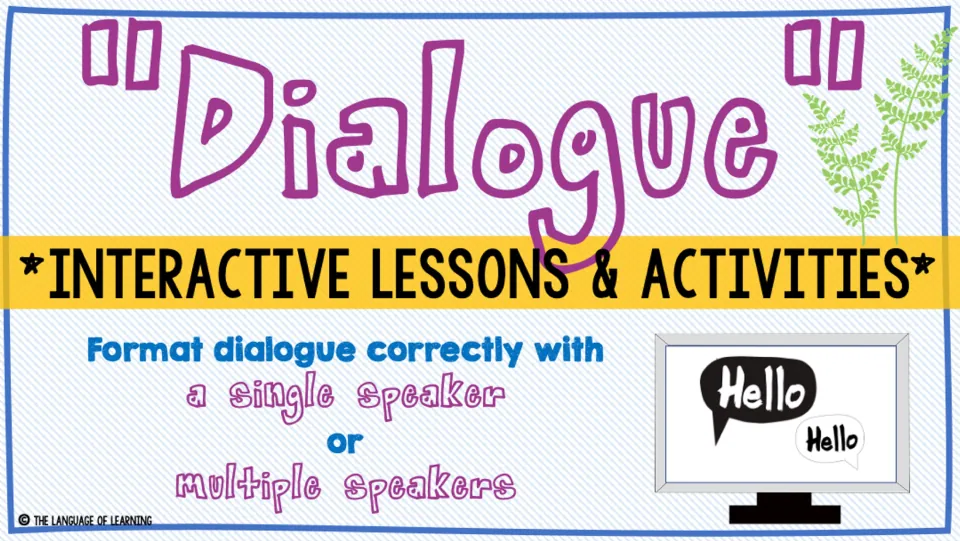 Dialogue unit cover introducing interactive lessons and activities for formatting single and multiple speakers