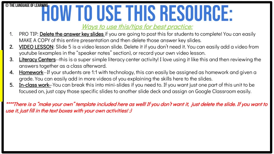 Teacher directions for the dialogue unit cover answer key removal, video lessons, centers, homework, and classwork