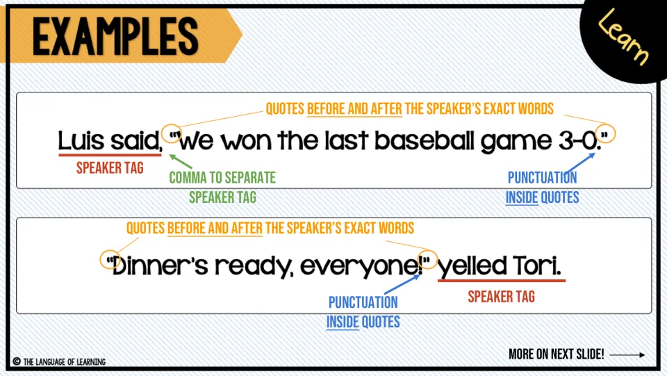 Dialogue examples place speaker tags before Luis’s baseball quote and after Tori’s call that dinner is ready