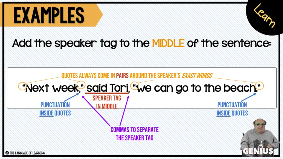 Dialogue example inserts “said Tori” into “Next week, we can go to the beach,” labeling commas and quotation marks