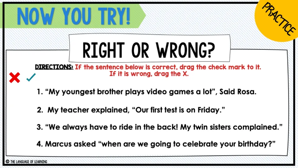Dialogue practice asks students to mark four sentences right or wrong by dragging a check mark or an X