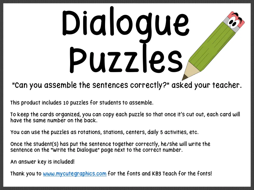 Dialogue Puzzles cover and teacher notes: 10 sentence puzzles to cut, assemble and copy onto a Write the Dialogue page