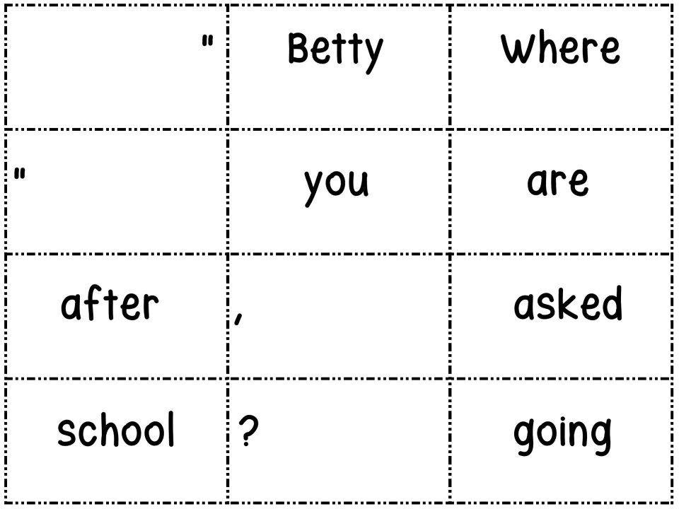 Puzzle 2 word cards: students build a quoted question from Betty, asked, Where, are, you, going, after, school and a ?