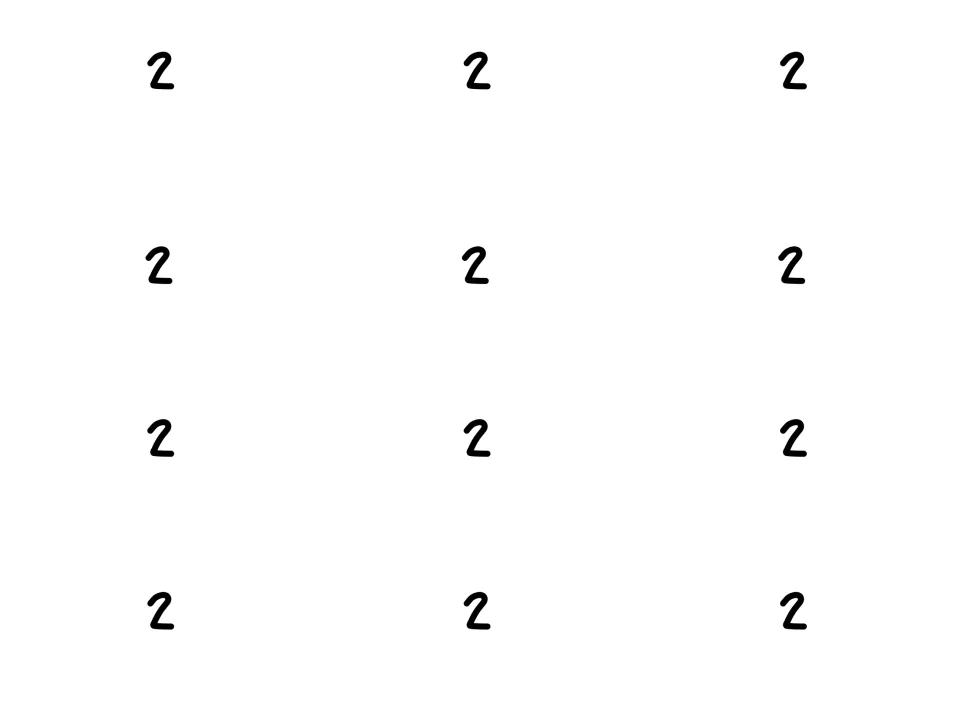 Card backs for puzzle 2: the number 2 printed 12 times to label the back of each cut-out word card in this set