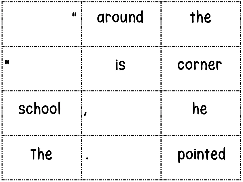 Puzzle 4 word cards: students punctuate dialogue using The, school, is, around, the, corner, he, pointed and quotes