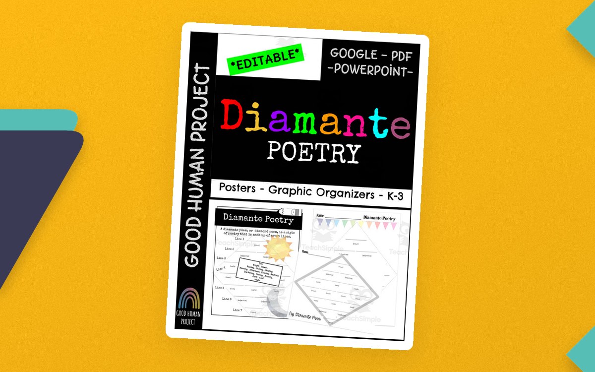 Diamante Poetry cover with editable badge and previews of a poster, organizer, and student poem page.