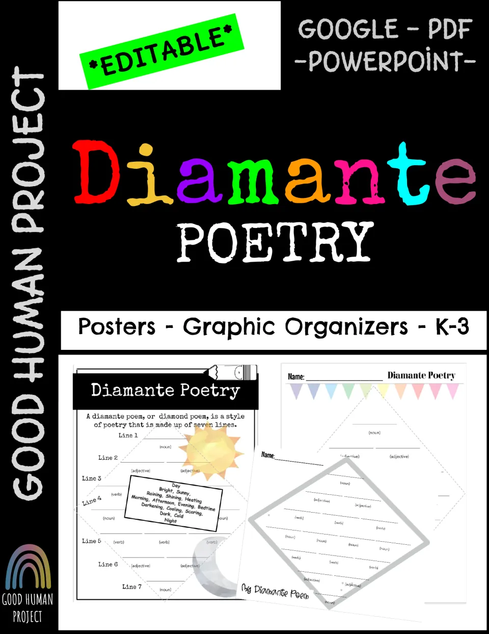 Diamante poetry cover: posters and graphic organizers for K-3, editable in Google, PDF and PowerPoint, with page previews