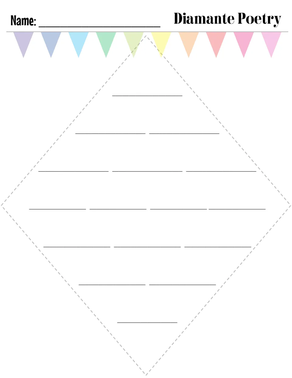 Unlabeled diamante frame under a pastel banner: students write all seven lines of their poem without part-of-speech cues