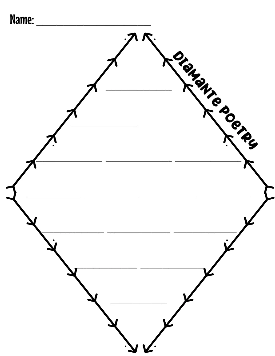 Arrow-edged diamante template with no labels: students fill seven lines that grow then shrink, without word-type hints