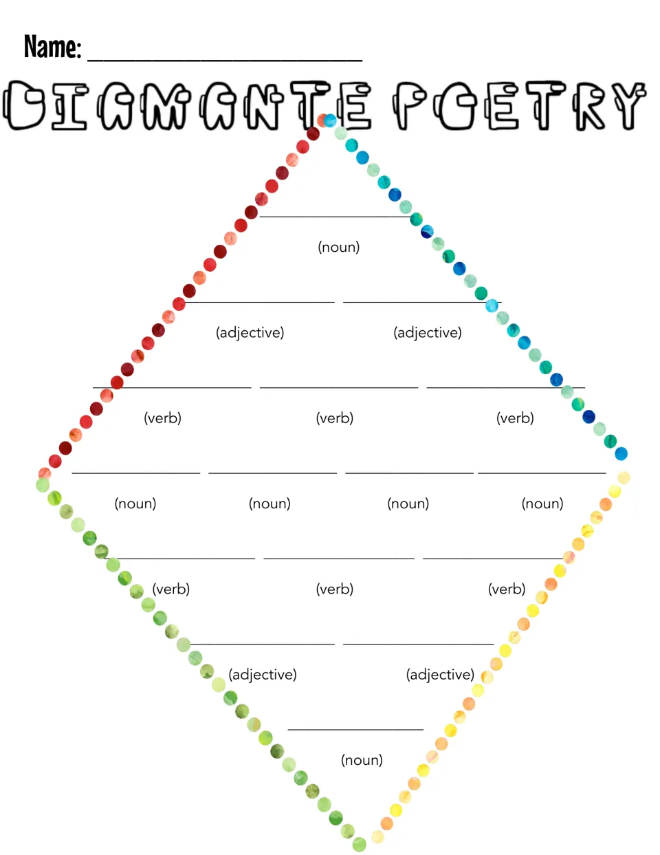 Rainbow-dotted diamante organizer: part-of-speech labels under each blank guide students from opening noun to closing noun