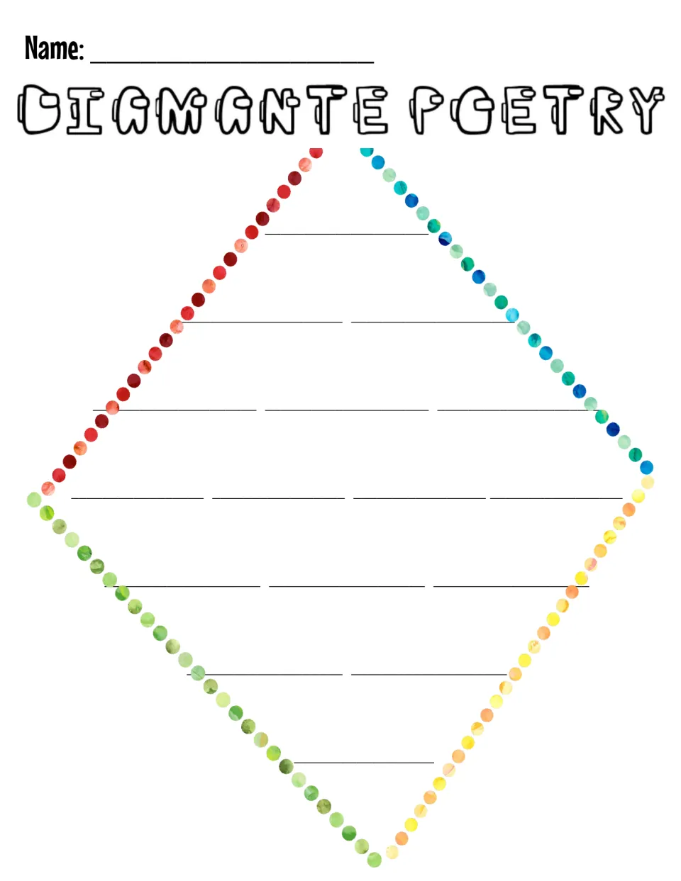 Rainbow-dotted diamante template with no labels, for students ready to build the noun-adjective-verb pattern on their own