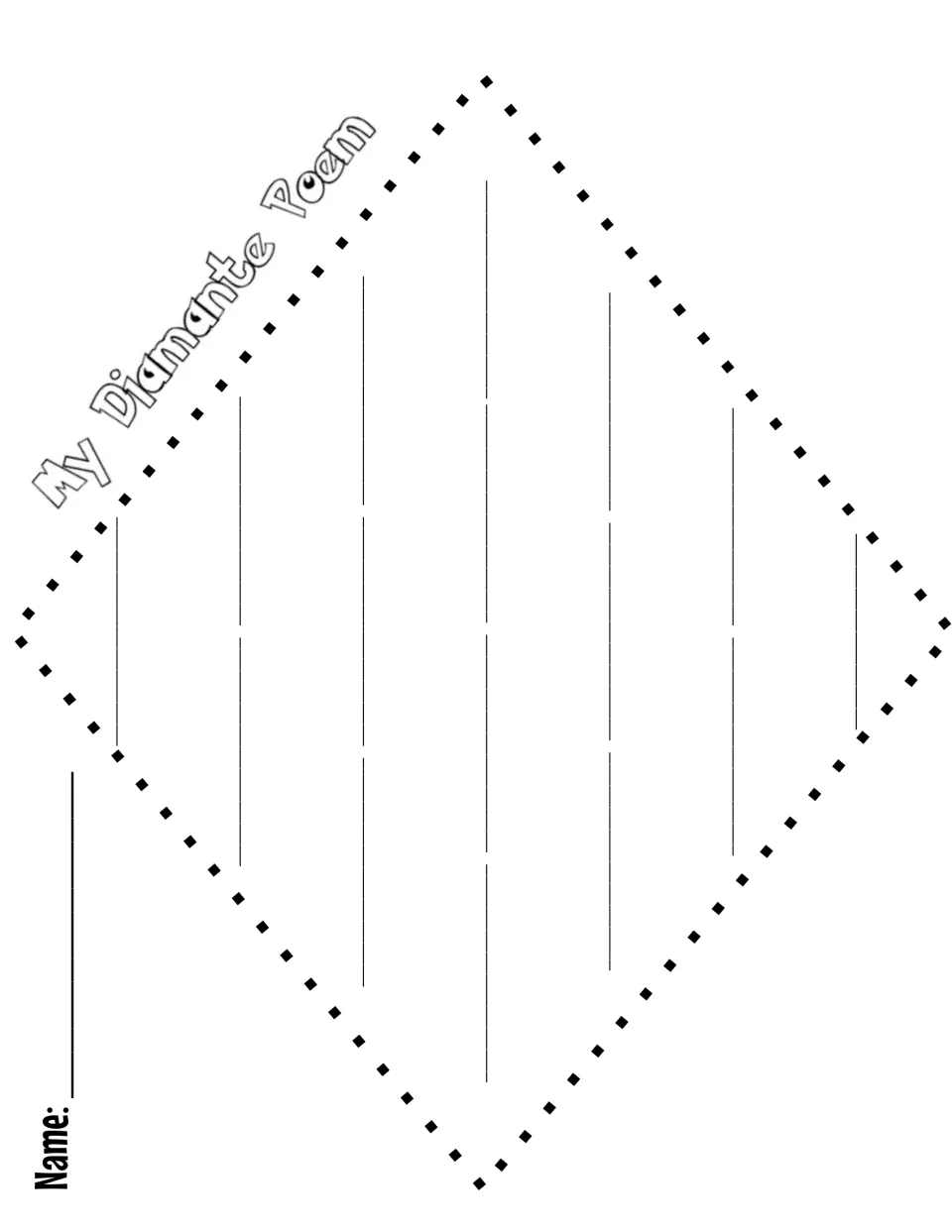 My Diamante Poem sideways template, unlabeled: students write a full seven-line diamond poem without word-type prompts