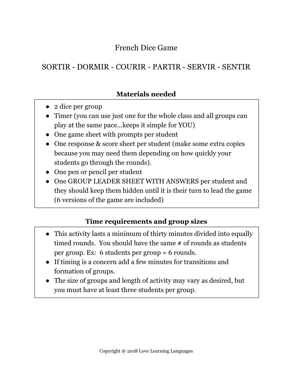 French dice game teacher notes for sortir, dormir, courir, partir, servir, sentir: materials list, timing and group sizes